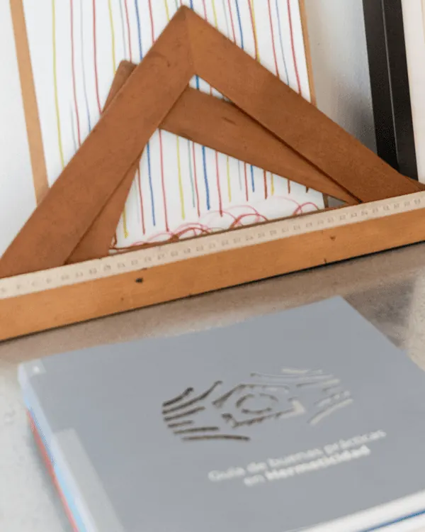 Mesa del estudio con una escuadra de madera, una ilustración enmarcada y guías técnicas de hermeticidad y de dirección de obra